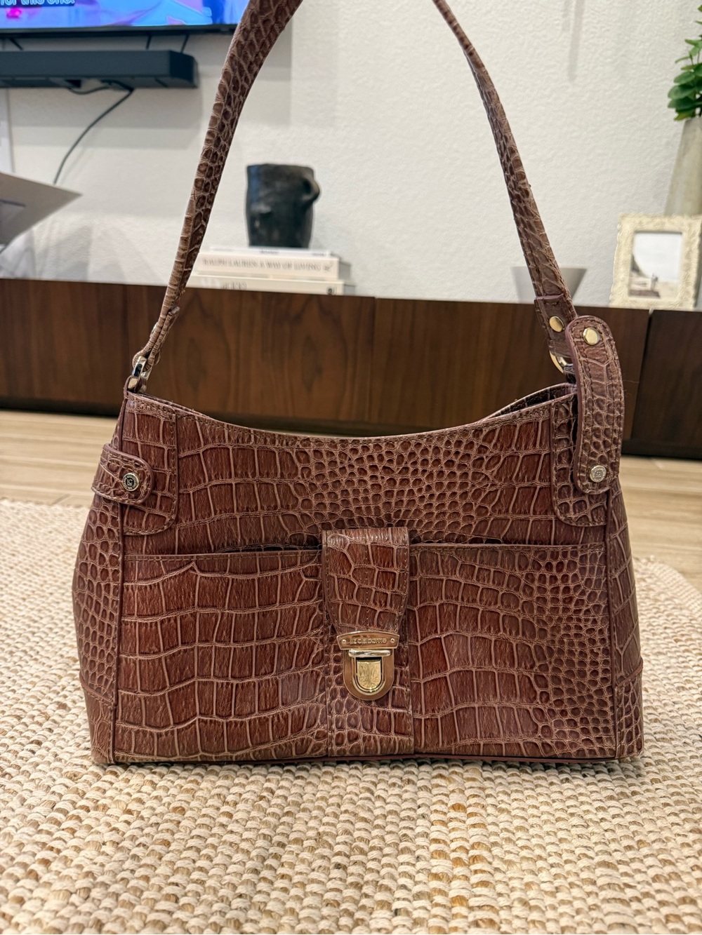 Brown Croc-Embossed Shoulder Bag